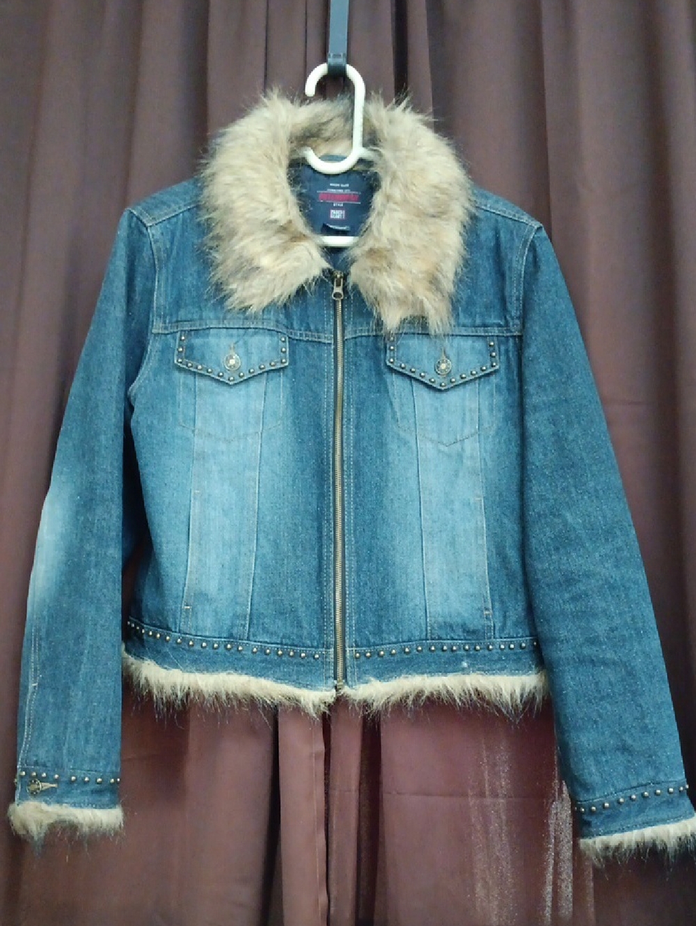 Faded Glory Blue Denim Jacket with Faux Fur Trim Sz L